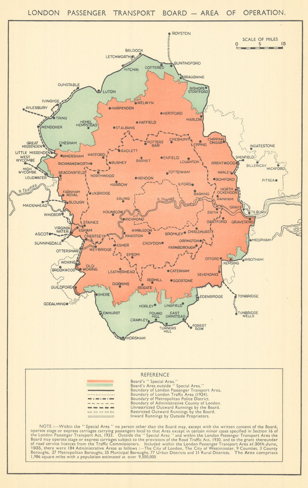London Passenger Transport Board - Area of Operation 1935 old vintage map